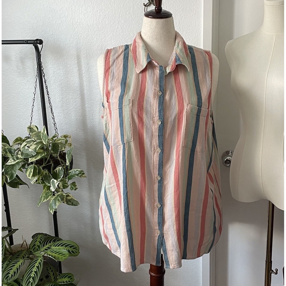 Sonoma XXL Striped Gauze Tunic Tank Top Coastal Boho Beach Button Front Pockets